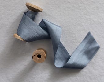 Dusty Blue Hand-Dyed Silk Ribbon - 1.25in - 100% Silk with Woven Edge