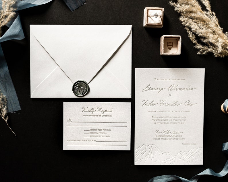 Letterpress Mountain Wedding Invitation Foil Mountain Wedding Invitation-Deposit for Invitation image 1