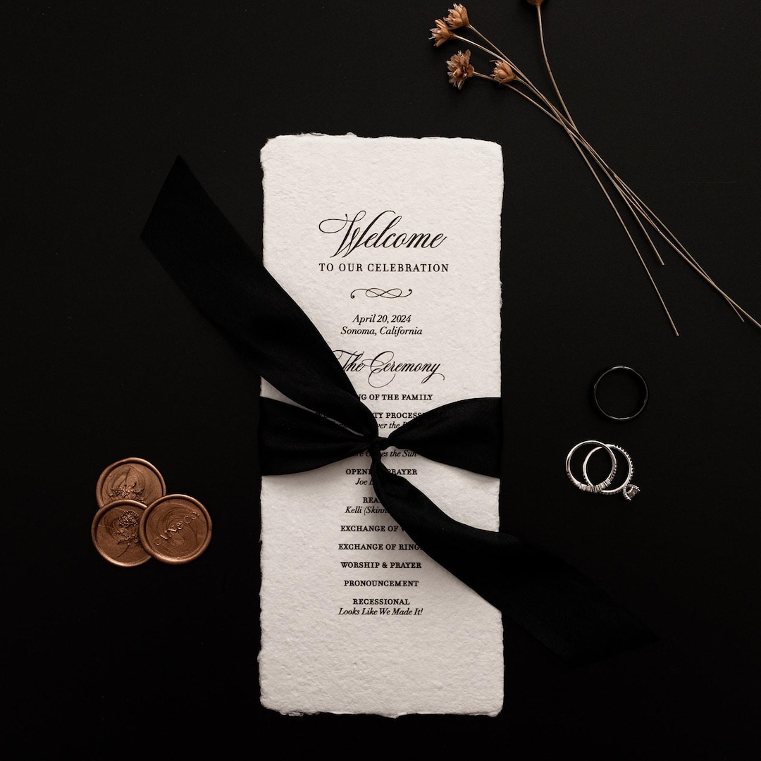 Wedding Program Ribbon Deckled Edge Wedding Program – Handmade Paper, Silk Ribbon (set of 10 ...