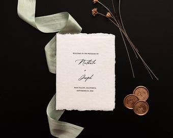 Wedding Program Booklet - Deckled Edge Program - Card Stock Program - Handmade Silk Ribbon
