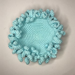 May include: A light blue crocheted bowl with a textured, ruffled edge.