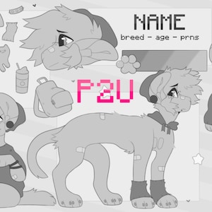 May include: A grayscale digital illustration of a canine-like character with a sad expression. The character is wearing a hat and a sweater, with bandages on its limbs. The image includes additional character design elements and the text "P2U".