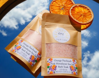 Bolsa de sales de baño con naranja dulce, pachulí y sal marina rosa del Himalaya