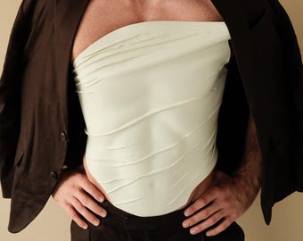 Mens White Sculptural Corset Minimalist Faux Leather Top Asymmetric Strapless Bustier Avant Garde