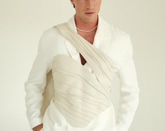 Groom Corset for Wedding Mens Ivory Draped Sculptural Corset Top Black Tie Alternative Queer Elopement Outfit Custom Fit Handmade
