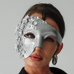 Silver Masquerade Mask: Couture Floral Pearl Fantasy Costume