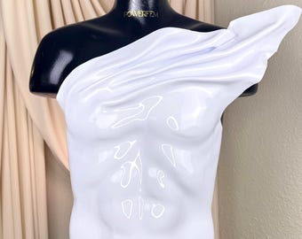 Men’s White Sculpted Corset | Glossy Body-Form Silhouette with One-Shoulder Flow Effect | Statement Fashion Piece