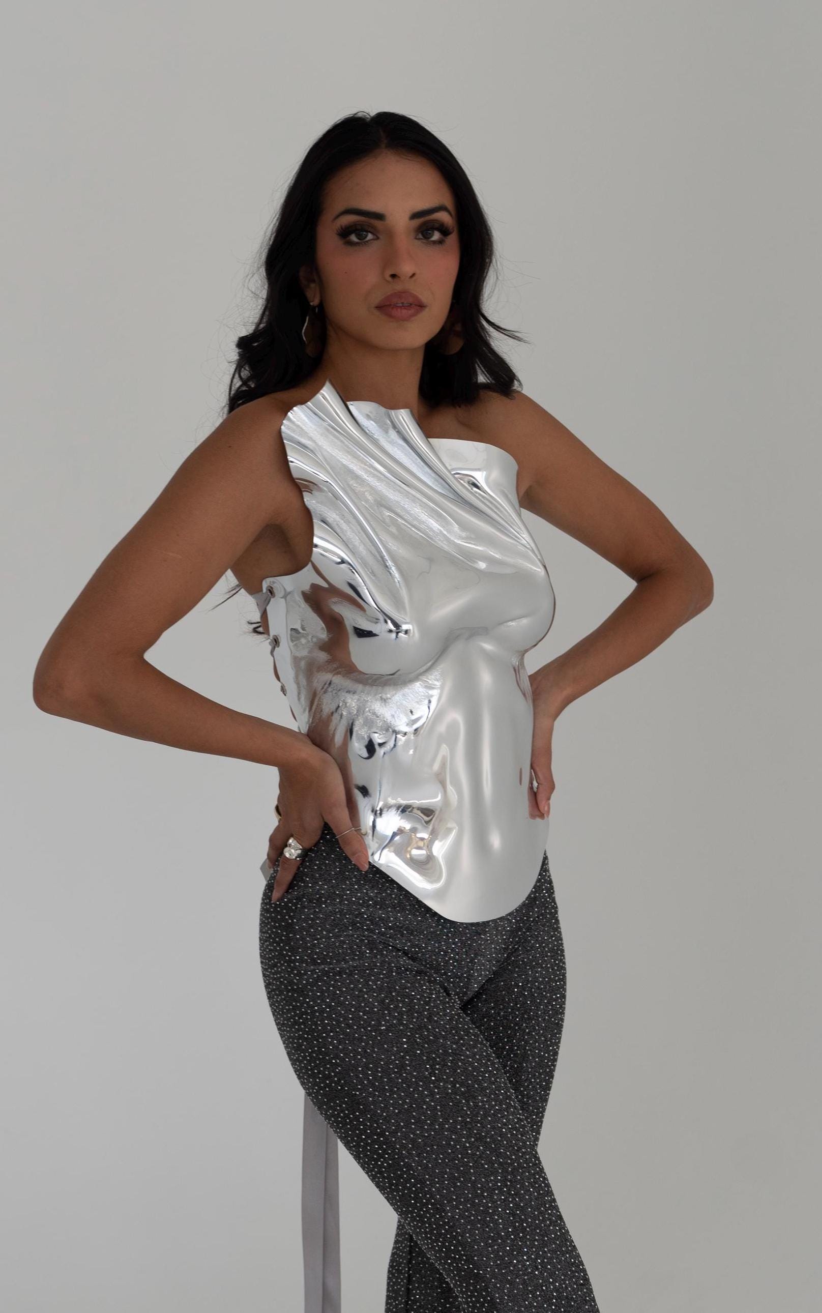 Molded Chrome Mirror Silver Corset Rave Outfit Coachella