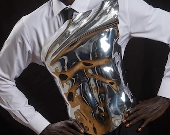 Men's Silver Metallic Corset Armor: Royal Chromium Fashion Top