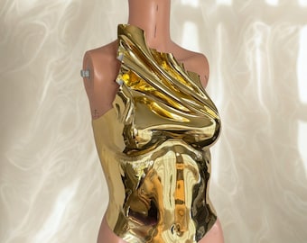 Gold Chrome Mirror Corset Top: Futuristic Rave Outfit
