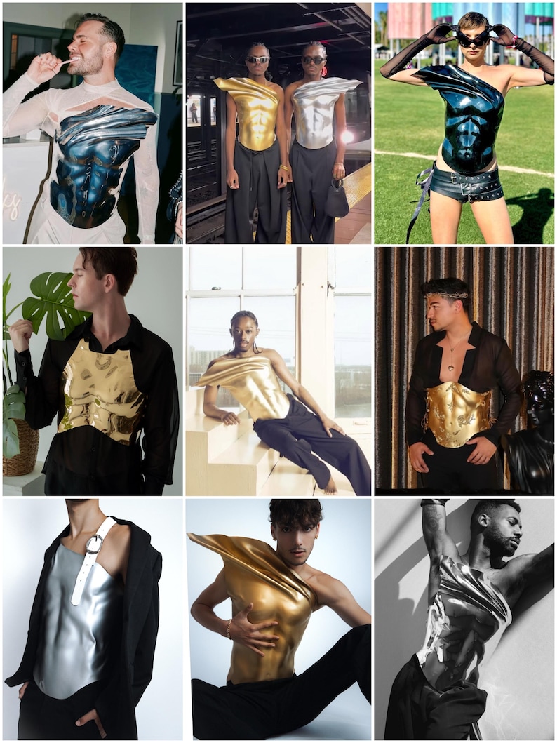 K&ouml;nnte beinhalten: Eine Sammlung metallischer Brustpanzer in Gold, Silber und Blau. Die Designs umfassen geformte Formen und asymmetrische Schulterdetails. Einige werden mit schwarzer Kleidung getragen, andere solo. Das Gesamtthema ist Avantgarde-Mode.