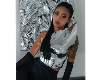 Silver Chrome Corset Top: Metallic Body Armor, Stage Costume