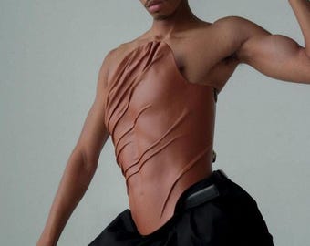Sculptural Brown Vegan Leather Corset Top, Handmade Couture Bustier, Genderless Queer Fashion, Editorial Runway