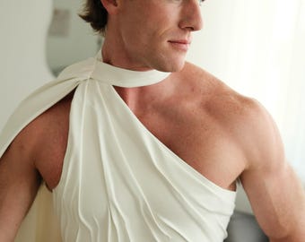 Mens Ivory Corset with Cape One Shoulder Sculptural Top Grecian Groom Wedding Outfit Made to Measure Red Carpet Avant Garde Menswear