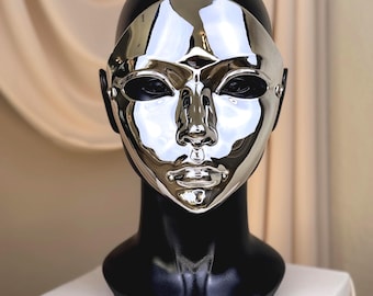 Silver Chrome Full Face Mask: Reflective Cyberpunk Rave Wearable Art