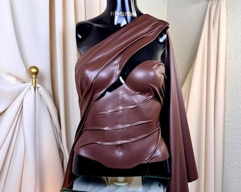 Sculptural Brown Corset Draped Bustier One Shoulder Statement Top Avant Garde Leather Look Festival Piece