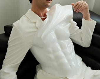 Mens White Chest Plate Armor, Sculpted Muscle Breastplate Corset, Drag Stage Costume, Made to Measure Avant Garde Editorial Menswear