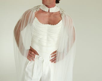 Ivory Groom Corset with Crystal Tulle Cape Mens Wedding Outfit Lace Trim Sculptural Top Made to Measure  Male Bridal Two Pice Set