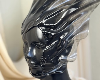 Sculptural Chrome Headpiece: Avant Garde Crystal Cyberpunk Helmet Wearable Art