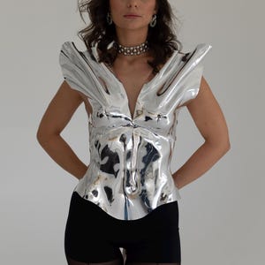 Molded Chrome Mirror Silver Corset Rave Outfit Coachella Look Metallic Bustier Top For Outstanding Look Breast Plate Top Worbla Corset