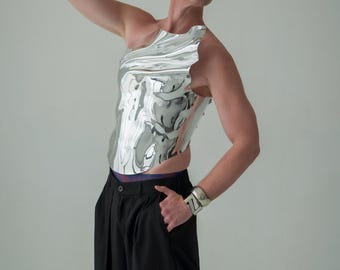 Men's Silver Metallic Corset Armor: Royal Chromium Fashion Top