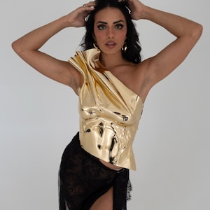Gold Chrome Mirror Corset Top: Futuristic Rave Outfit