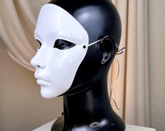White Full Face Mask Sculptural Matte Gloss Black Futuristic Minimal Editorial Fashion Cosplay Design
