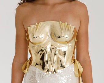 Gold Shiny Korsett Top: Y2K Rave Festival Fashion