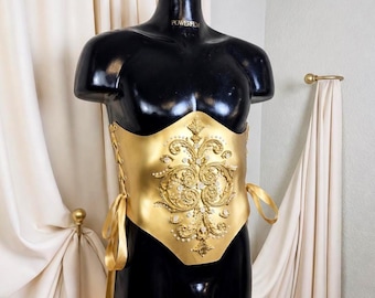 Gold Embellished Corset Top Pearl Baroque Bustier Sculptural Strapless Festival Goddess Statement Piece