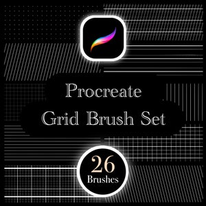 May include: A black and white image with a Procreate logo and the text "Procreate Grid Brush Set" and "26 Brushes". The image features a variety of grid patterns in white on a black background.
