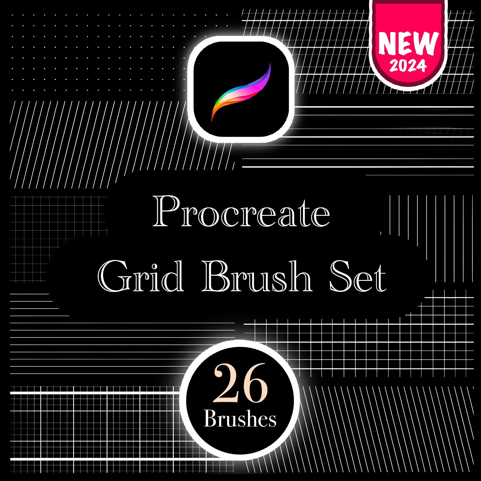 Pinceles de cuadrícula para Procreate – 26 guías lineales, punteadas e inclinadas para lettering y bocetos