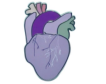 May include: A purple, green, and pink anatomical heart pin. The heart is outlined in silver and has a detailed illustration of the veins.