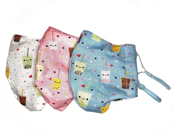 Bubble Tea Face Mask, Boba Face Mask, Cute Boba Mask,  face covering, Cute Face Mask, Nose Piece, Earloop Straps, Filter pocket