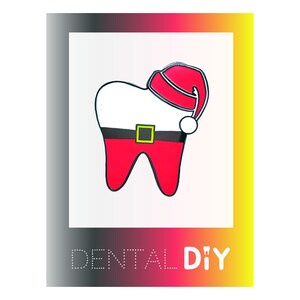 May include: A white tooth wearing a red Santa hat with a white pom-pom and a black belt with a gold buckle. The tooth is wearing a red suit. The text "DENTAL DIY" is below the tooth.