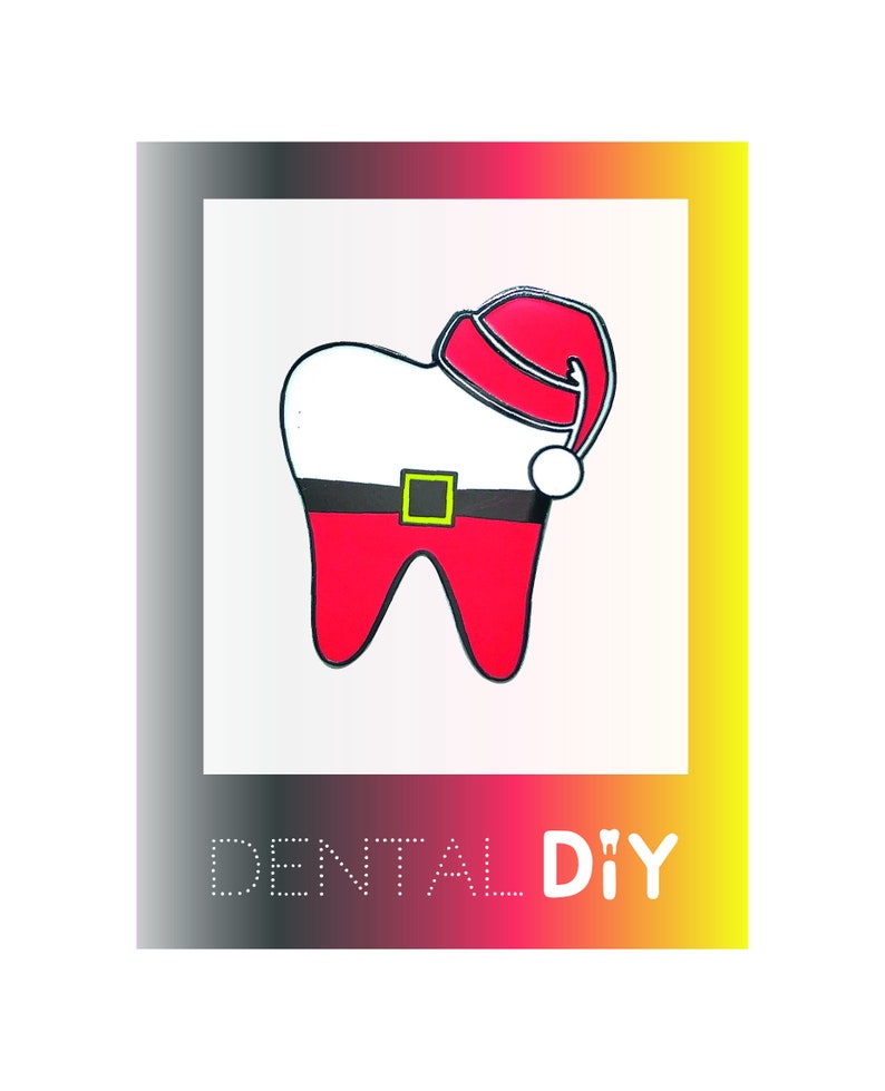 May include: A white tooth wearing a red Santa hat with a white pom-pom and a black belt with a gold buckle. The tooth is wearing a red suit. The text "DENTAL DIY" is below the tooth.