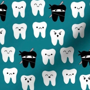 May include: A teal background with a repeating pattern of white teeth with happy faces and black ninja teeth with a black mask and a silver sword.