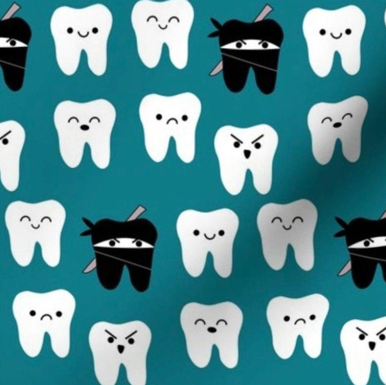 May include: A teal background with a repeating pattern of white teeth with happy faces and black ninja teeth with a black mask and a silver sword.