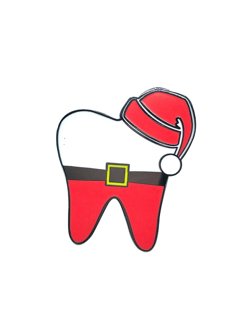 May include: A white tooth wearing a red Santa hat with a white pom-pom and a black belt with a gold buckle. The tooth is wearing red pants.