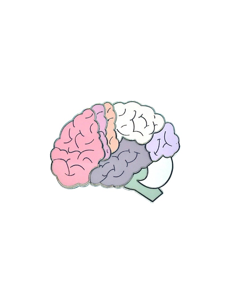 May include: A colourful enamel pin shaped like a human brain. The brain is divided into sections, each a different pastel colour, including pink, peach, purple, and white.