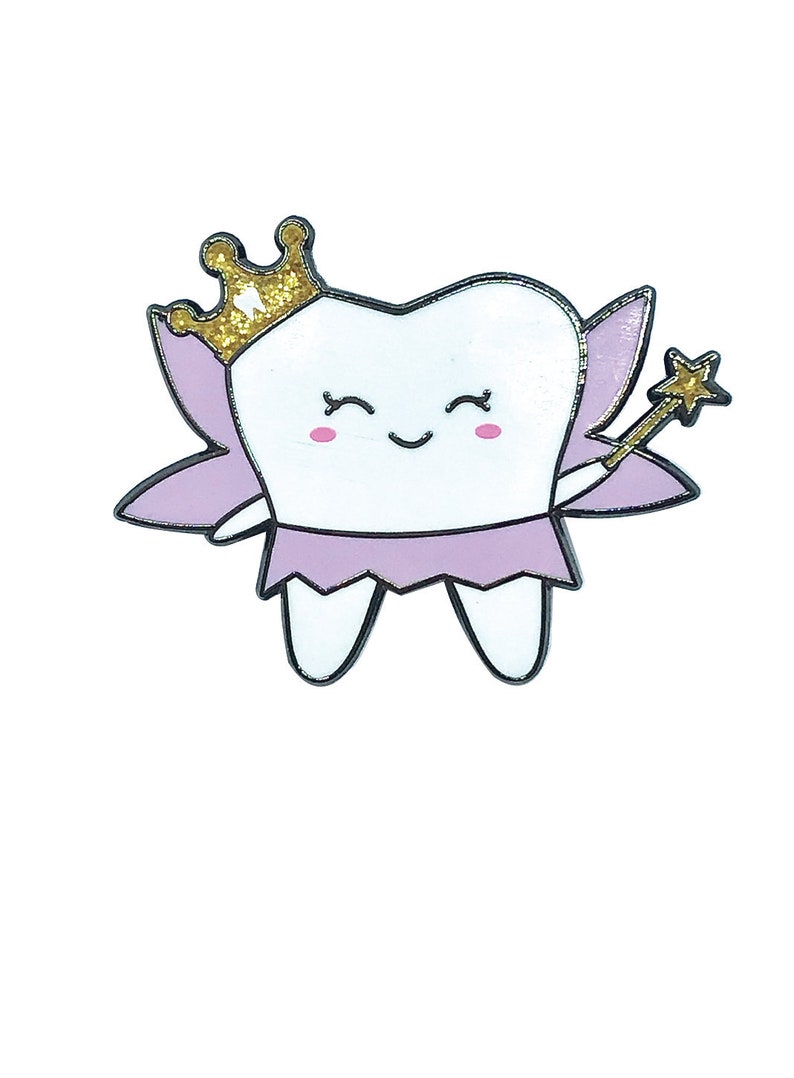 May include: A cartoon tooth fairy with a gold crown, pink wings, and a wand with a star on top. The tooth fairy is wearing a pink dress and has a smiling face.