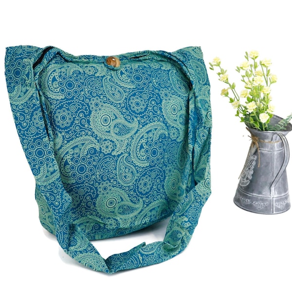 Shoulder Bag Bohemian Bag Messenger Bag Crossbody Bag Paisley Hippie Hobo Boho Purse Cotton Sling Gift Bag Market bags BlueTurquoise