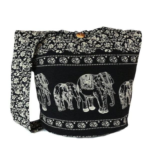 Black Hobo Bags Thai Elephant Boho Yoga tote Bags Hippie Crossbody Sling Beach Festival Bag Cotton Bohemian