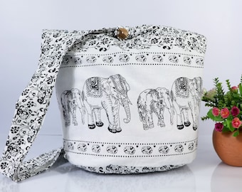 Tote bag Bohemian Messenger Shoulder Bag Cross body Bag Thai Elephant Hippie Hobo Boho Purse Cotton Sling Gift Bag Market bags White