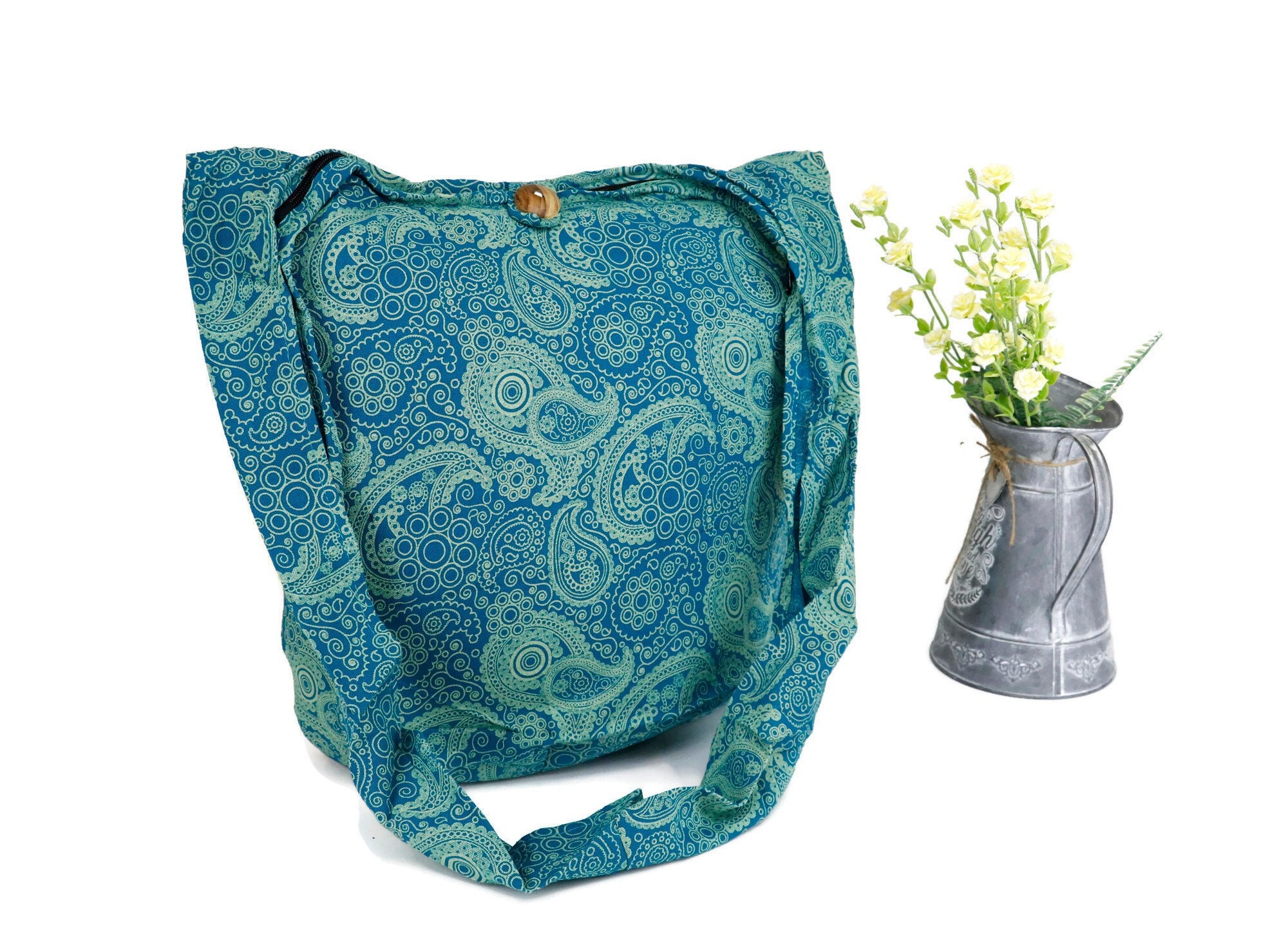 Shoulder Bag Bohemian Bag Messenger Bag Crossbody Bag Paisley Hippie Hobo Boho Purse Cotton Sling Gift Bag Market bags BlueTurquoise