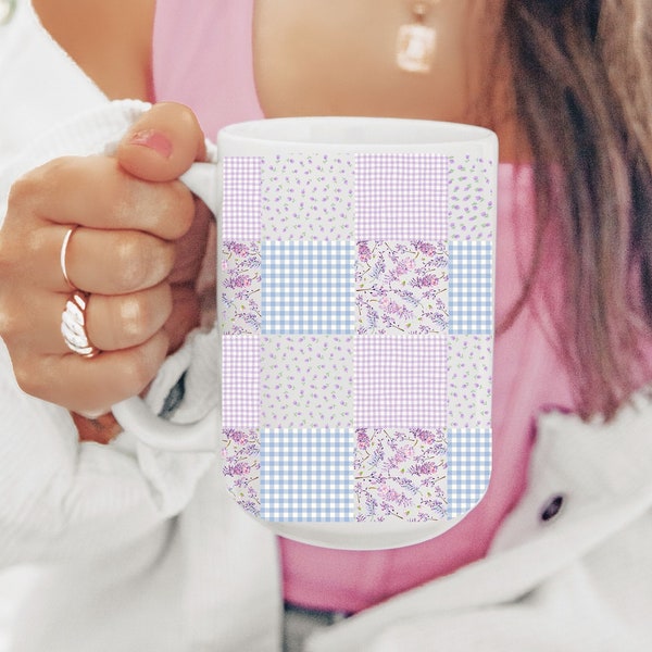 Floral Quilt Style Mug Gift for Quilter Sewing Gifts Cottagecore Home Granny Squares Design Lavender Tea Cup Girly Farmhouse Kitchen