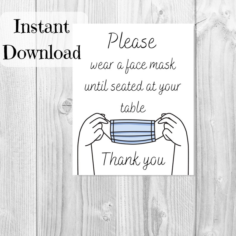mask wear face please seated until printable table sign cafe restaurant door