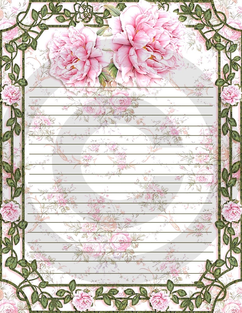 Peony Vines Pink Floral Printable Stationery 8.5x11 Princess - Etsy