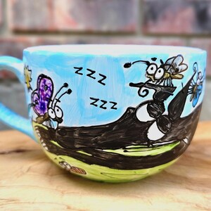 Hand painted greyhound mug / cute greyhound mug / sleeping greyhound with spring insects / cute greyhound gift / Cute insects and earthworms