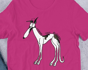 Könnte beinhalten: Pinkes T-Shirt mit einer Cartoon-Illustration eines Hundes mit dem Text "Good Looking Tall Elegant" auf dem Shirt.