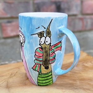 Cute greyhound  mug / hand painted greyhound mug / Cute greyhounds in winterwear / Greyhound latte mug / whippet mug / greyhound gift